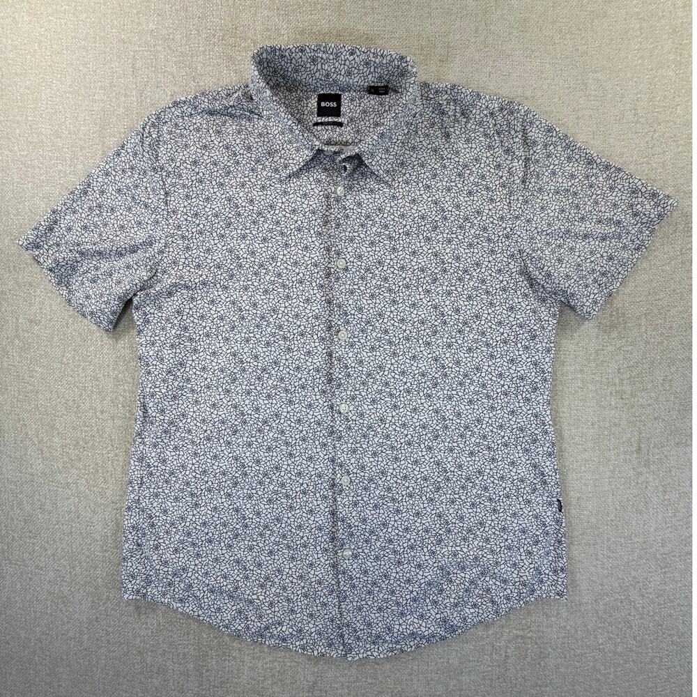 Boss Men XL White Floral Stretch Slim Fit Short Sleeve Knit Button Shirt Casual